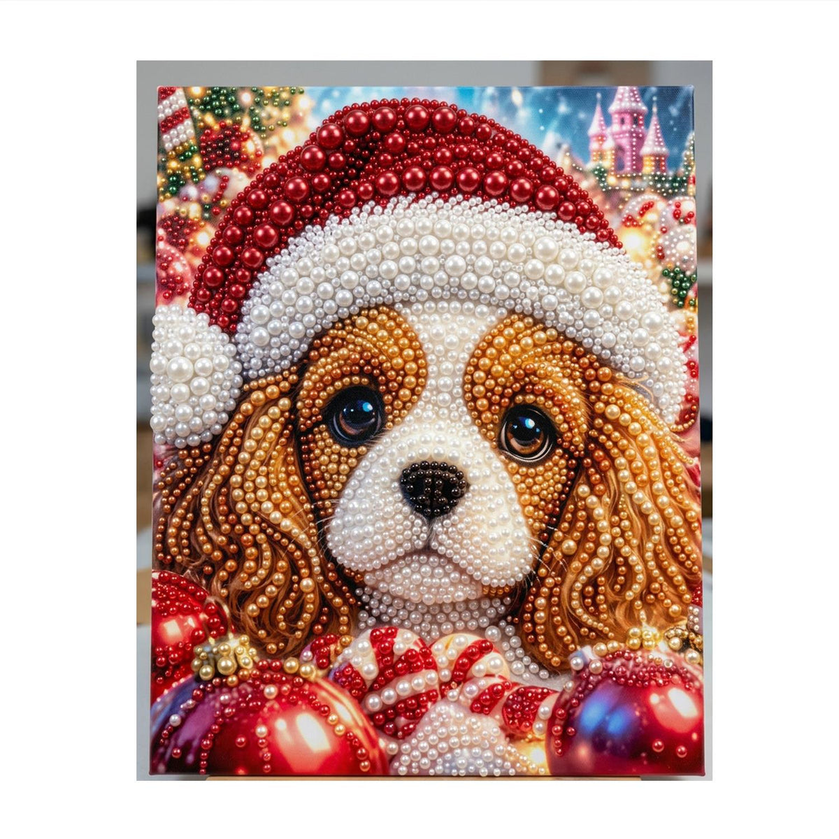 Santa-Hat Spaniel and Candy Cane pearl painting – image 11