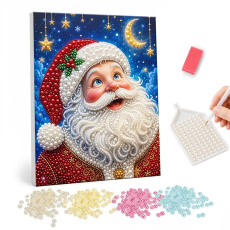 Santa Gazing at the Gold Moon pearl painting – Santa with holly on his hat gazing up at a golden crescent moon and hanging stars