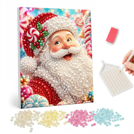 Peppermint Candy Land Santa pearl painting – Smiling Santa with a peppermint candy on his hat against a pink background of lollipops and sweets