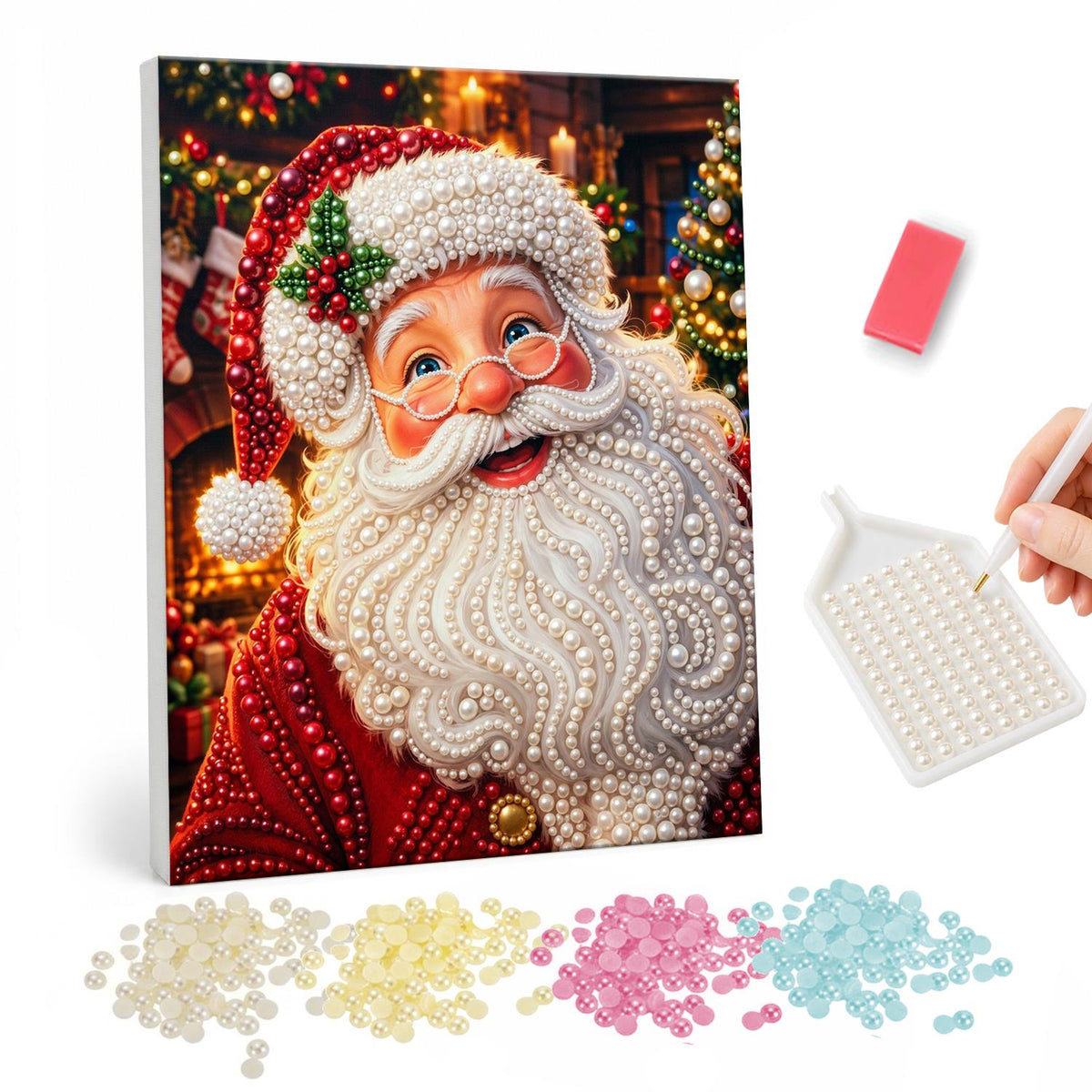 Spectacled Santa by the Fireside pearl painting – Santa in round glasses with holly on his hat and a curly beard before a glowing fireside and tree