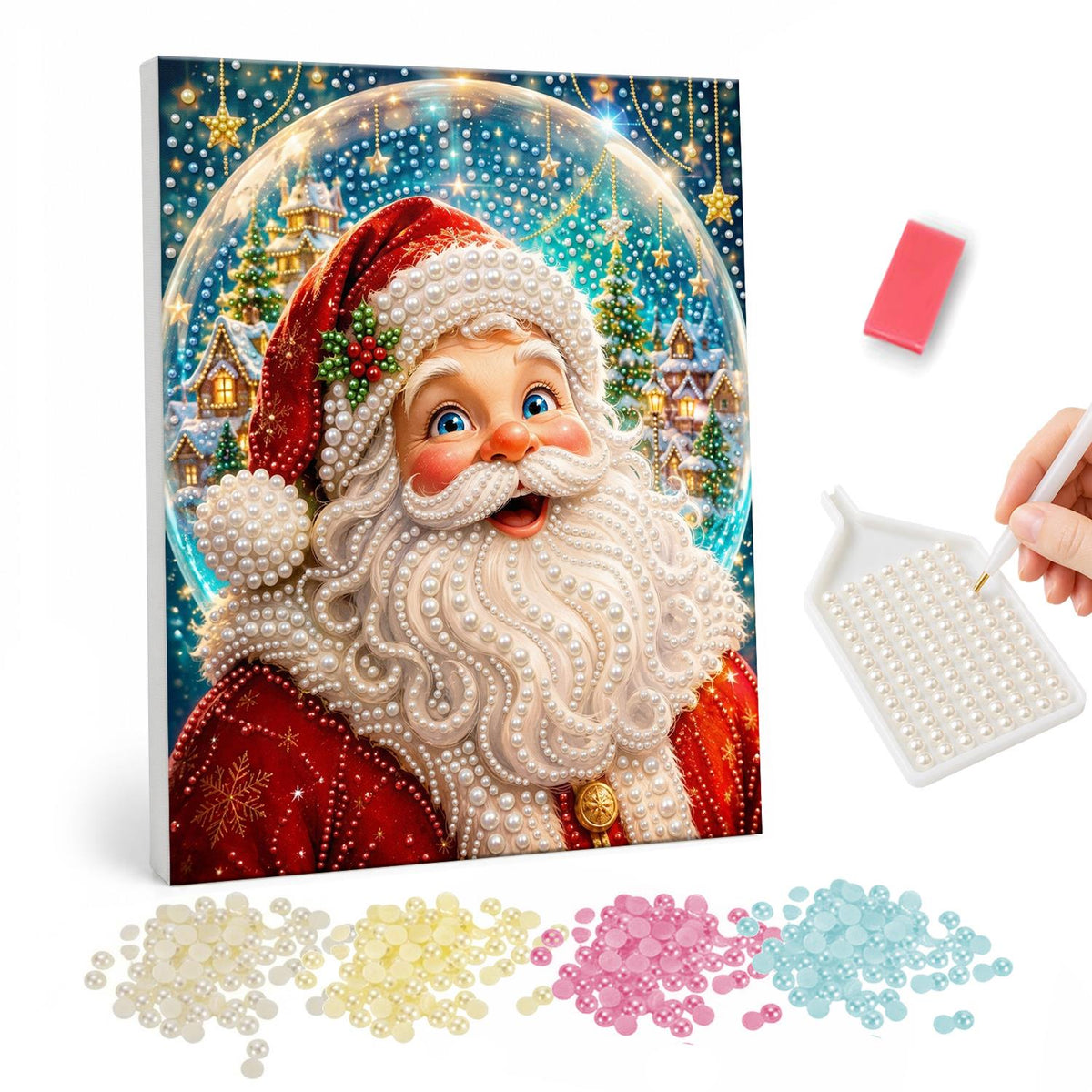 Santa Inside a Snow Globe pearl painting – Smiling Santa framed inside a snow globe with a tiny snowy village behind him