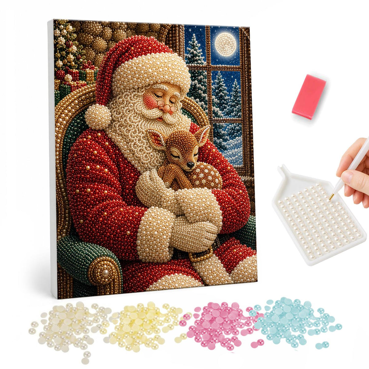 Santa Napping with a Fawn pearl painting – Santa asleep in an armchair hugging a fawn beside a moonlit snowy window