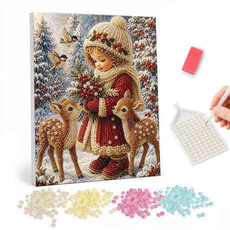 Girl with Fawns in the Snow pearl painting – Little girl in a cream knit hat and red coat holding holly between two fawns in a snowy forest