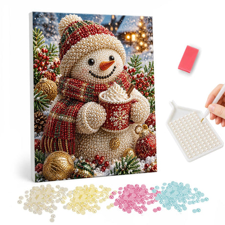 Tartan Snowman with Hot Cocoa pearl painting – Snowman in a red plaid knit hat and scarf holding a mug of whipped cream cocoa among baubles