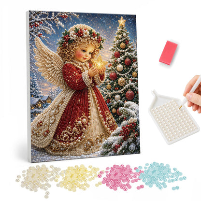 Little Angel Holding a Star pearl painting – Curly-haired child angel with a flower crown and red gown holding a glowing star beside a decorated tree