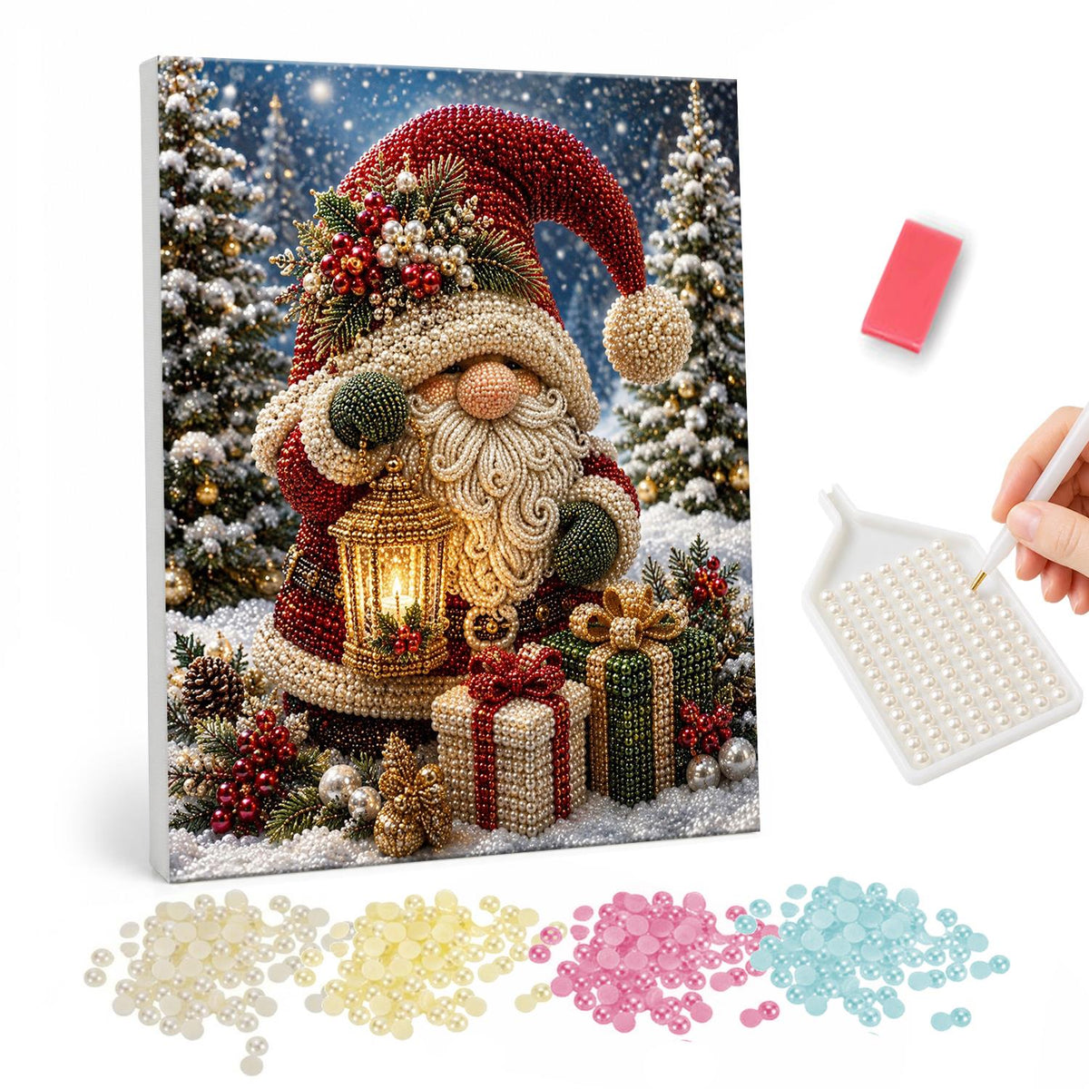 Gnome with Lantern and Presents pearl painting – Bearded gnome in a red velvet hat holding a lantern among wrapped gifts in a snowy pine forest