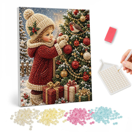 Child Trimming the Tree with Robin pearl painting – Child in a cream bobble hat and red coat hanging baubles on a tree while a robin watches
