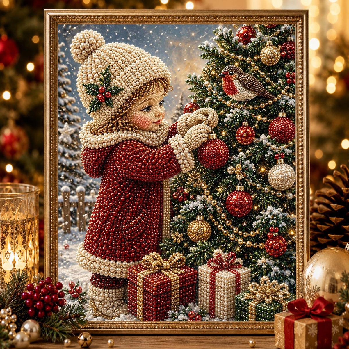 Child Trimming the Tree with Robin pearl painting – image 2