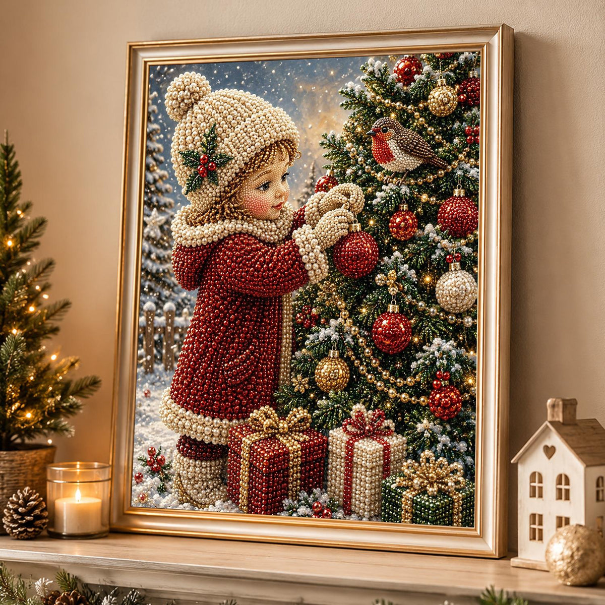 Child Trimming the Tree with Robin pearl painting – image 4
