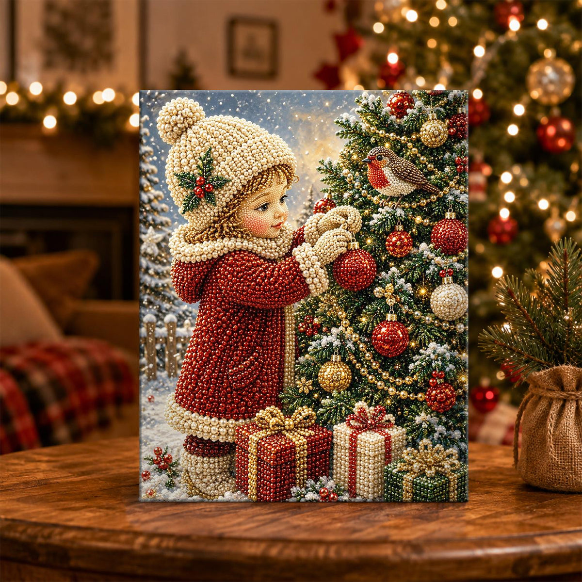 Child Trimming the Tree with Robin pearl painting – image 5
