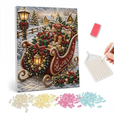 Gift-Laden Sleigh by the Lamppost pearl painting – Ornate red sleigh piled with gifts and a wreath beside a lamppost in a snowy village