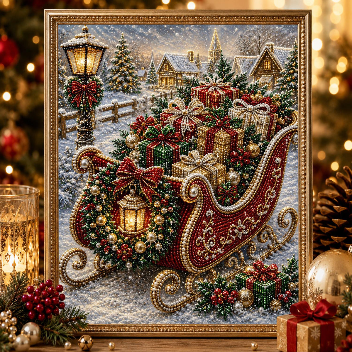 Gift-Laden Sleigh by the Lamppost pearl painting – image 2