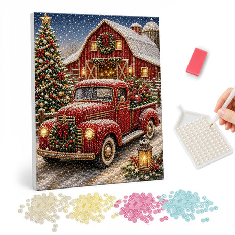 Red Pickup at the Snowy Barn pearl painting – Vintage red pickup with a wreath parked before a red barn and a decorated tree in the snow