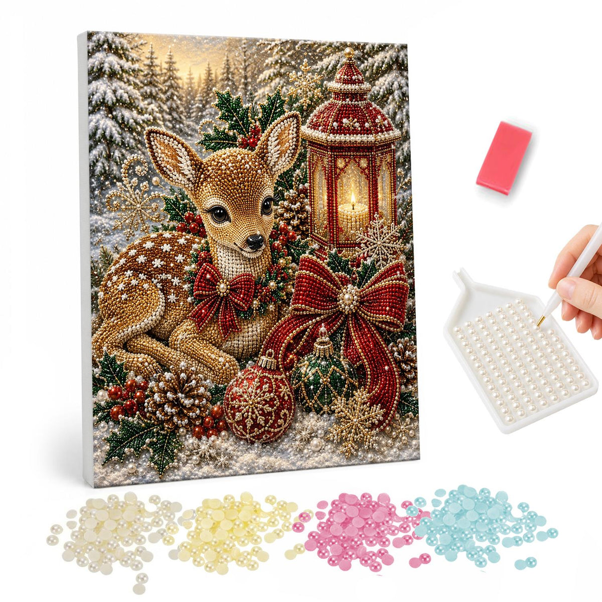 Fawn Beside a Glowing Lantern pearl painting – Spotted fawn with a large red bow resting in snow beside a glowing lantern and baubles