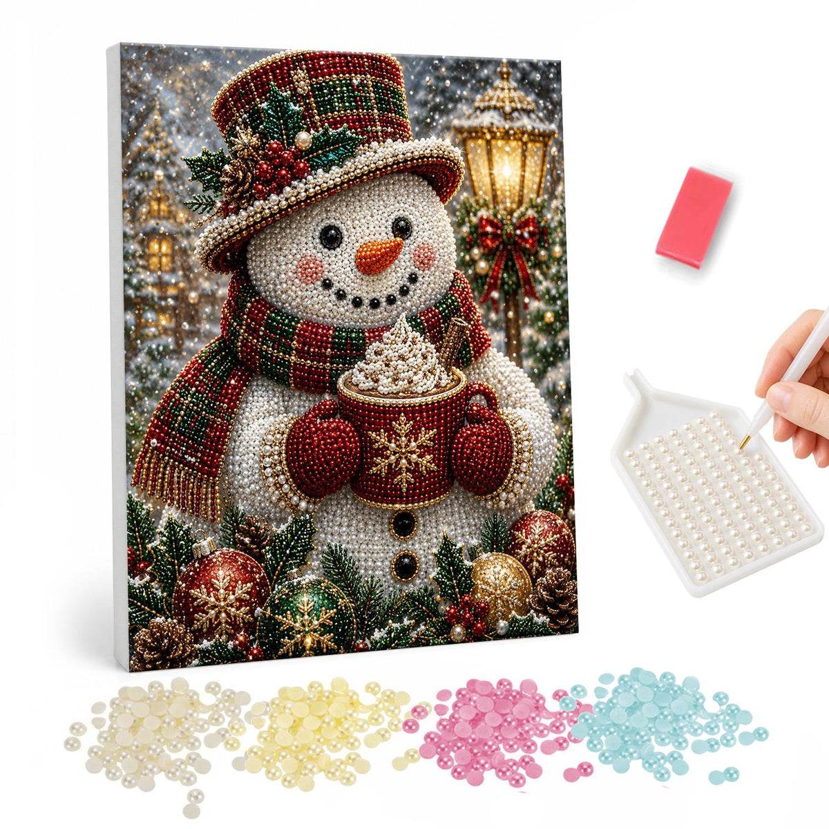 Top-Hat Snowman with a Cocoa Mug pearl painting – Snowman in a plaid top hat and scarf holding a mug of cocoa beside a glowing street lamp