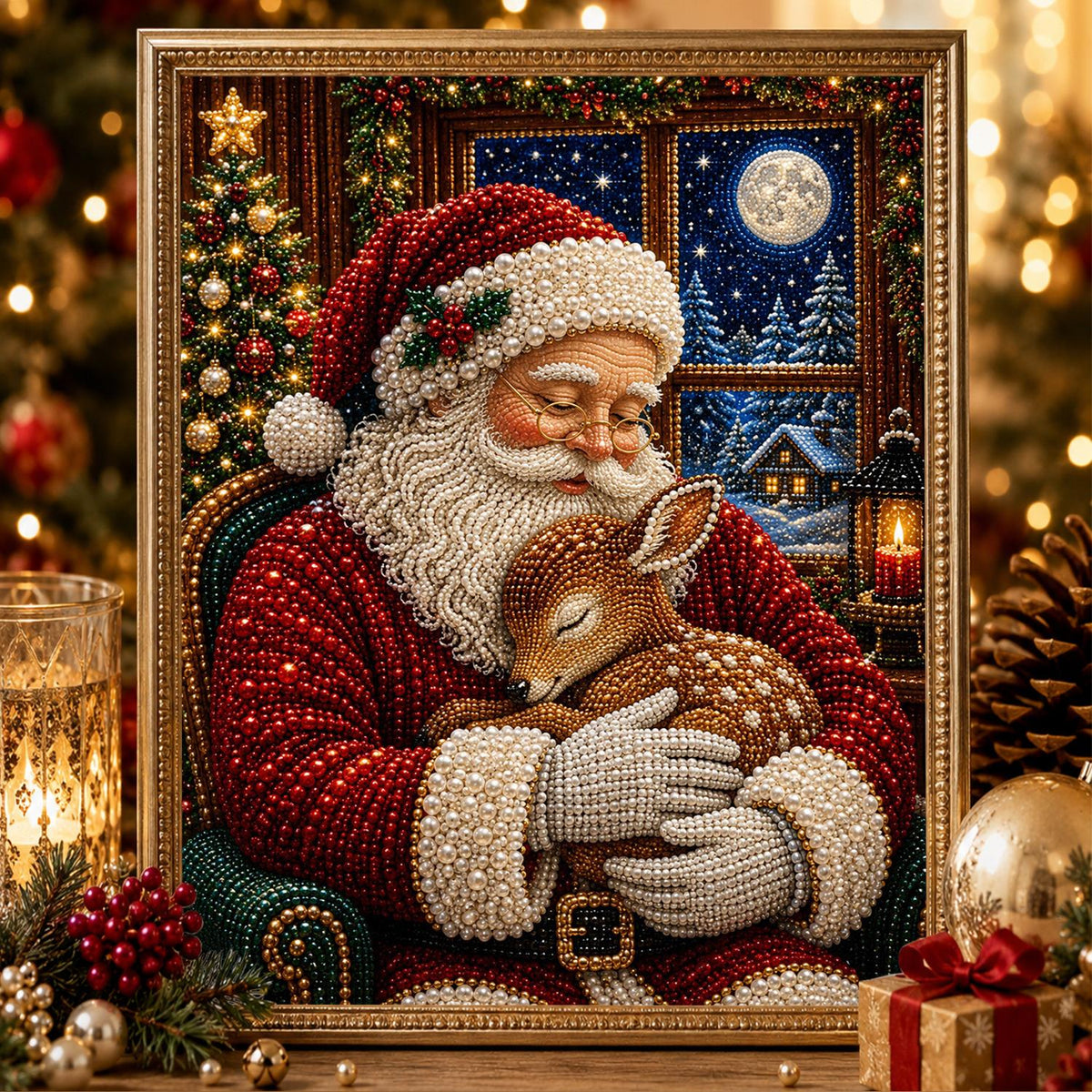 Santa Cradling a Sleeping Fawn pearl painting – image 2