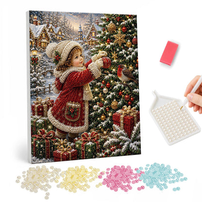 Robin and Child at the Tree pearl painting – Child in a knit hat and red coat hanging ornaments on a tree with a robin, snowy village behind