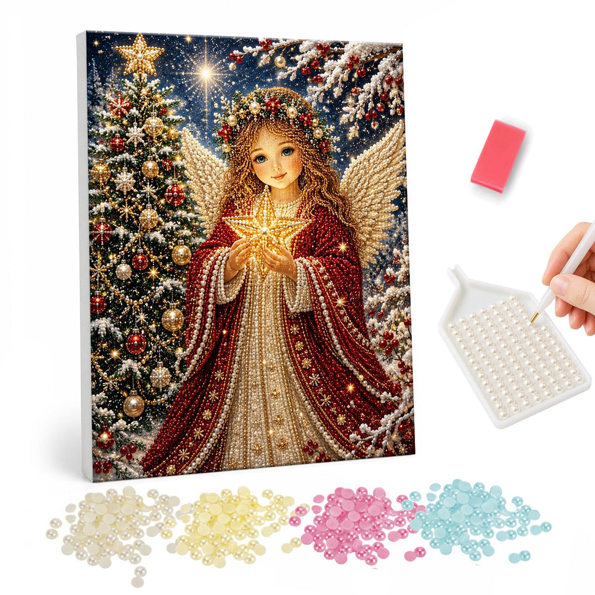 Angel Cradling a Golden Star pearl painting – Angel with golden wings and a flower crown in a red robe holding a glowing star beside a tall tree