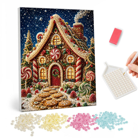 Candy-Trimmed Gingerbread Cottage pearl painting – Gingerbread house trimmed with candy canes, lollipops and icing with cookies piled in front at night
