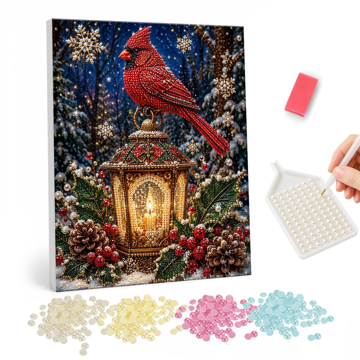 Cardinal Atop a Candle Lantern pearl painting – Red cardinal perched on an ornate lantern with a lit candle among pine cones and berries