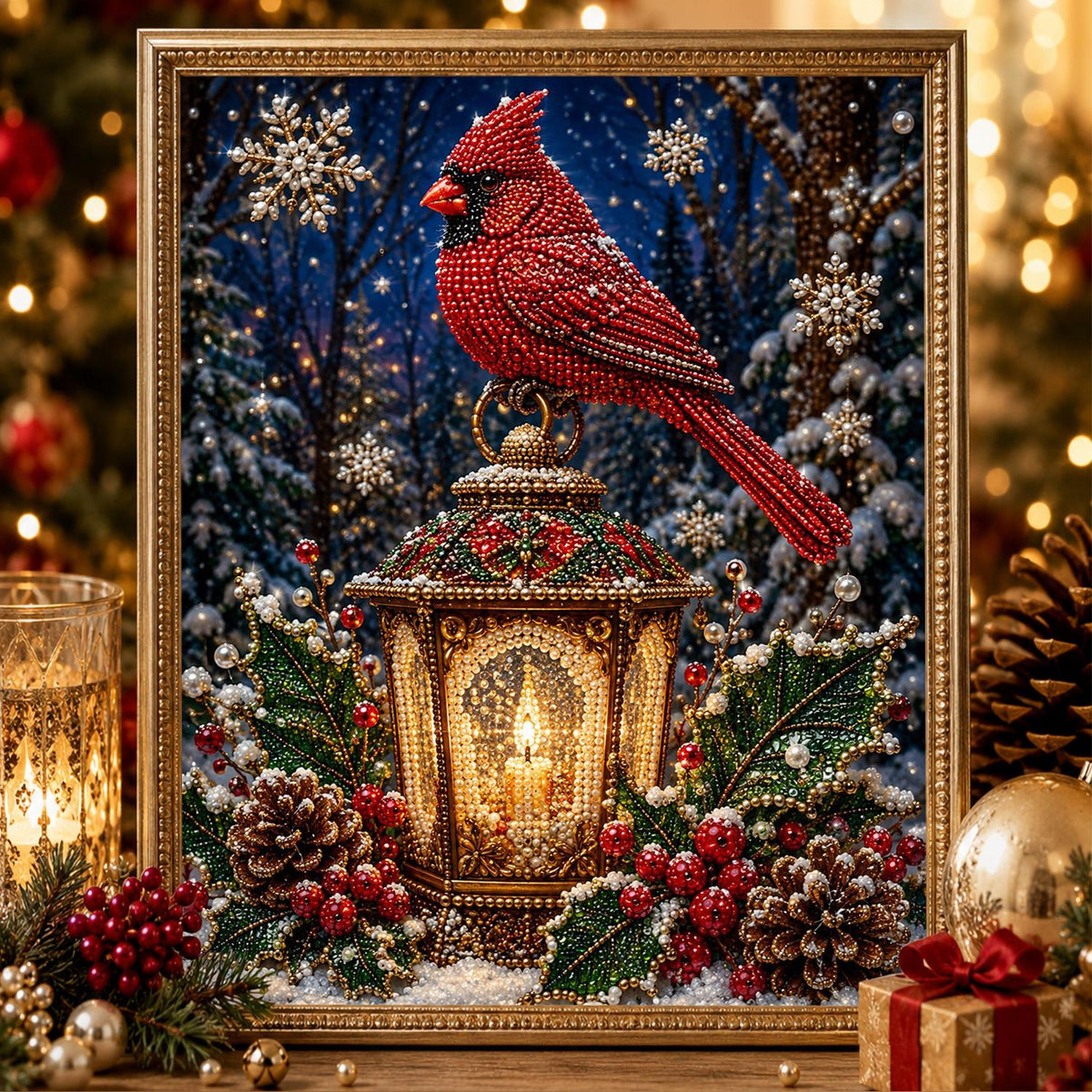 Cardinal Atop a Candle Lantern pearl painting – image 2