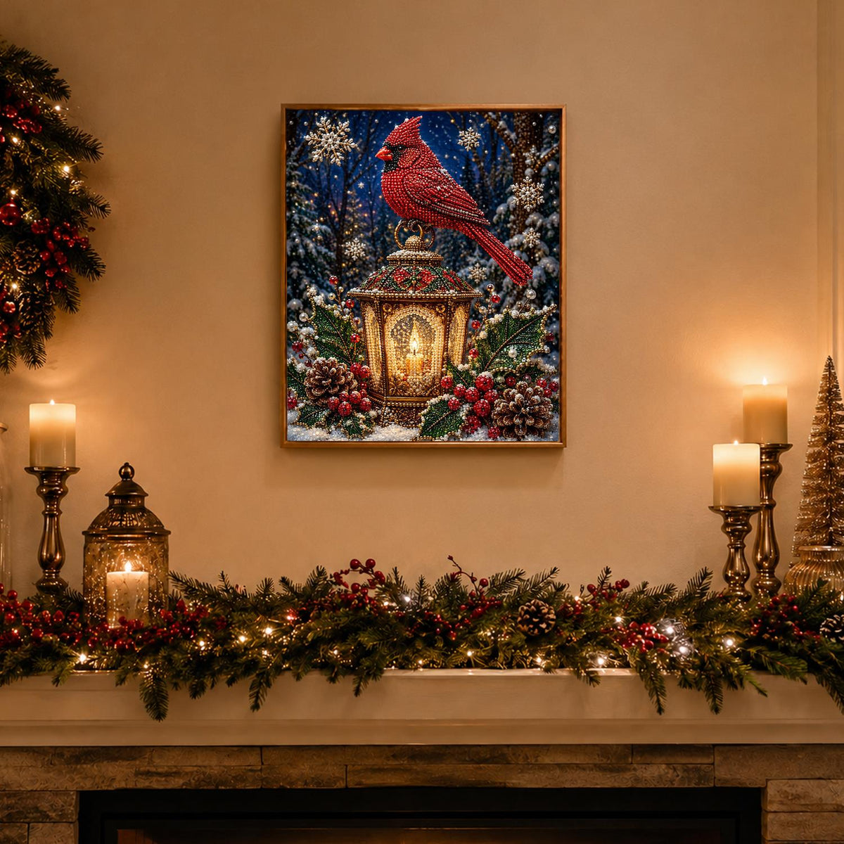 Cardinal Atop a Candle Lantern pearl painting – image 3