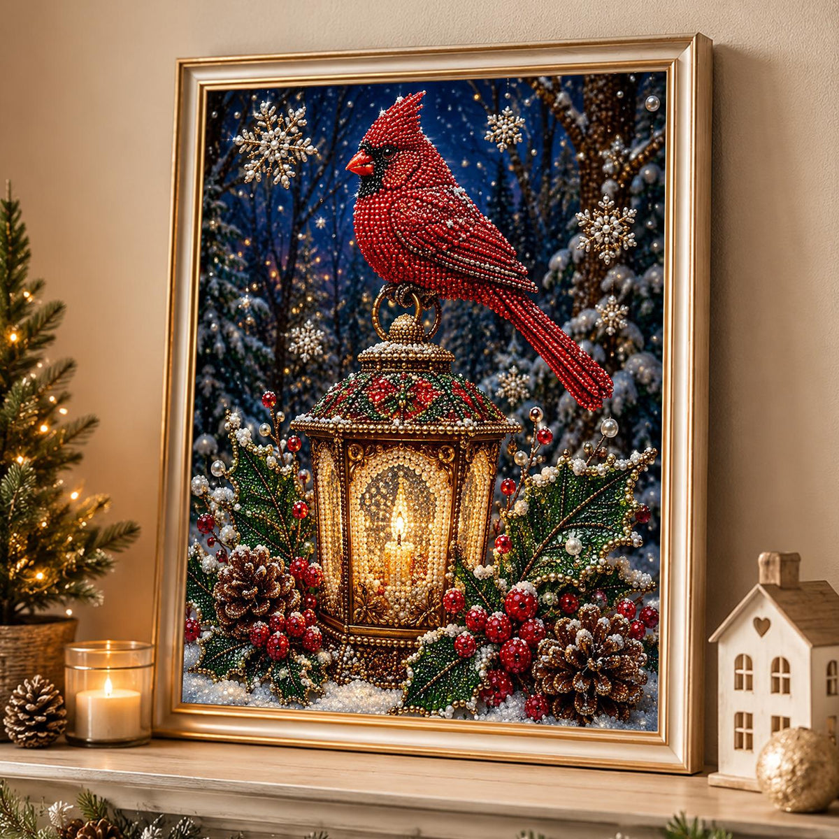 Cardinal Atop a Candle Lantern pearl painting – image 4