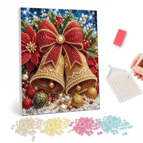 Gold Bells with a Velvet Bow pearl painting – Two gold bells tied with a large red bow among poinsettias and baubles on a sparkling blue background
