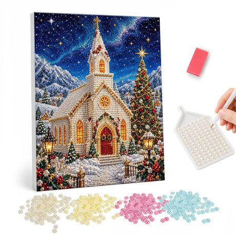 Pearl Painting Christmas Church and Tree pearl painting – image 1