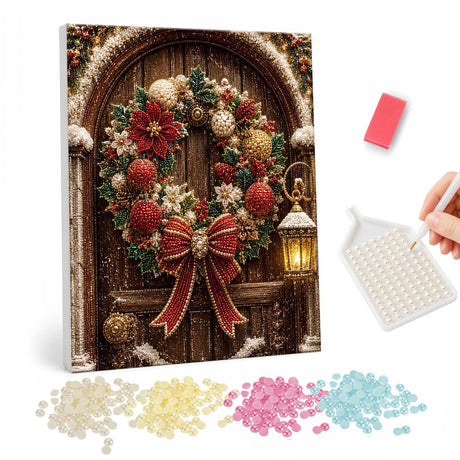 Poinsettia Wreath on a Wooden Door pearl painting – Arched wooden door hung with a poinsettia and bauble wreath with a red bow beside a lantern