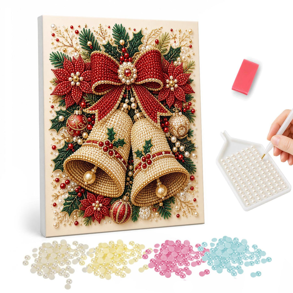 Twin Bells on a Cream Ground pearl painting – Two gold bells with a red bow, poinsettias, holly and baubles on a cream background