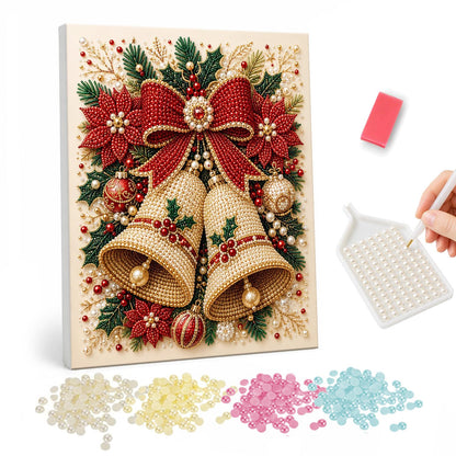 Twin Bells on a Cream Ground pearl painting – Two gold bells with a red bow, poinsettias, holly and baubles on a cream background