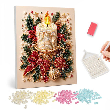 Lit Pillar Candle and Red Bow pearl painting – Lit cream pillar candle wrapped in evergreens, holly, baubles and a red bow on a cream background