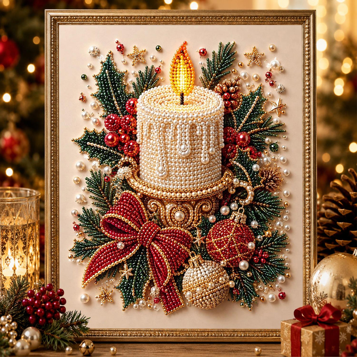 Lit Pillar Candle and Red Bow pearl painting – image 2