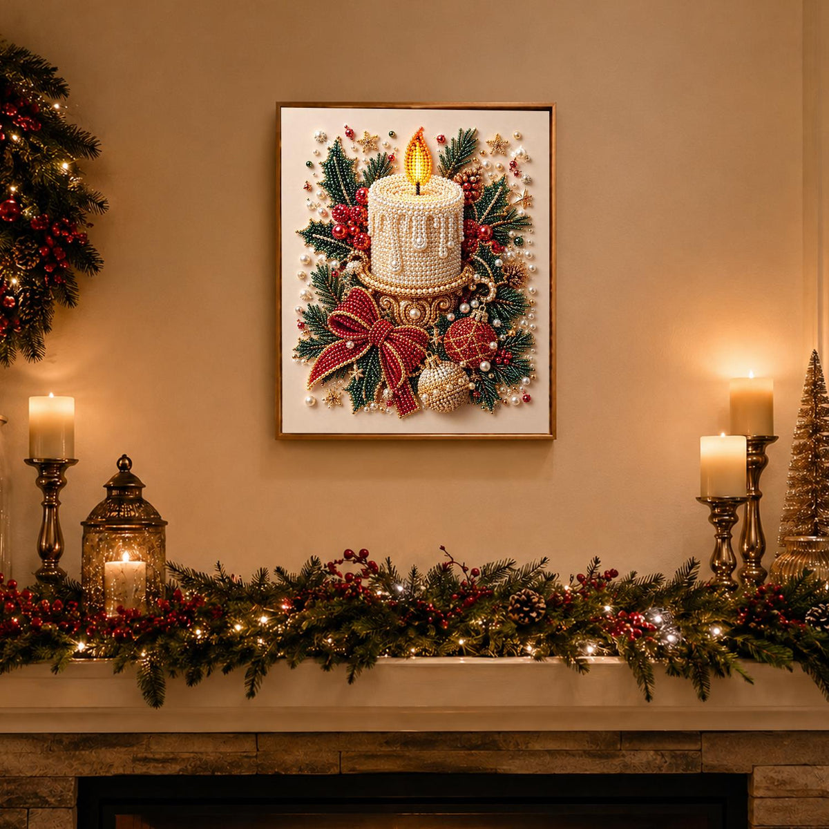 Lit Pillar Candle and Red Bow pearl painting – image 3