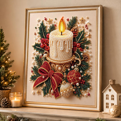 Lit Pillar Candle and Red Bow pearl painting – image 4