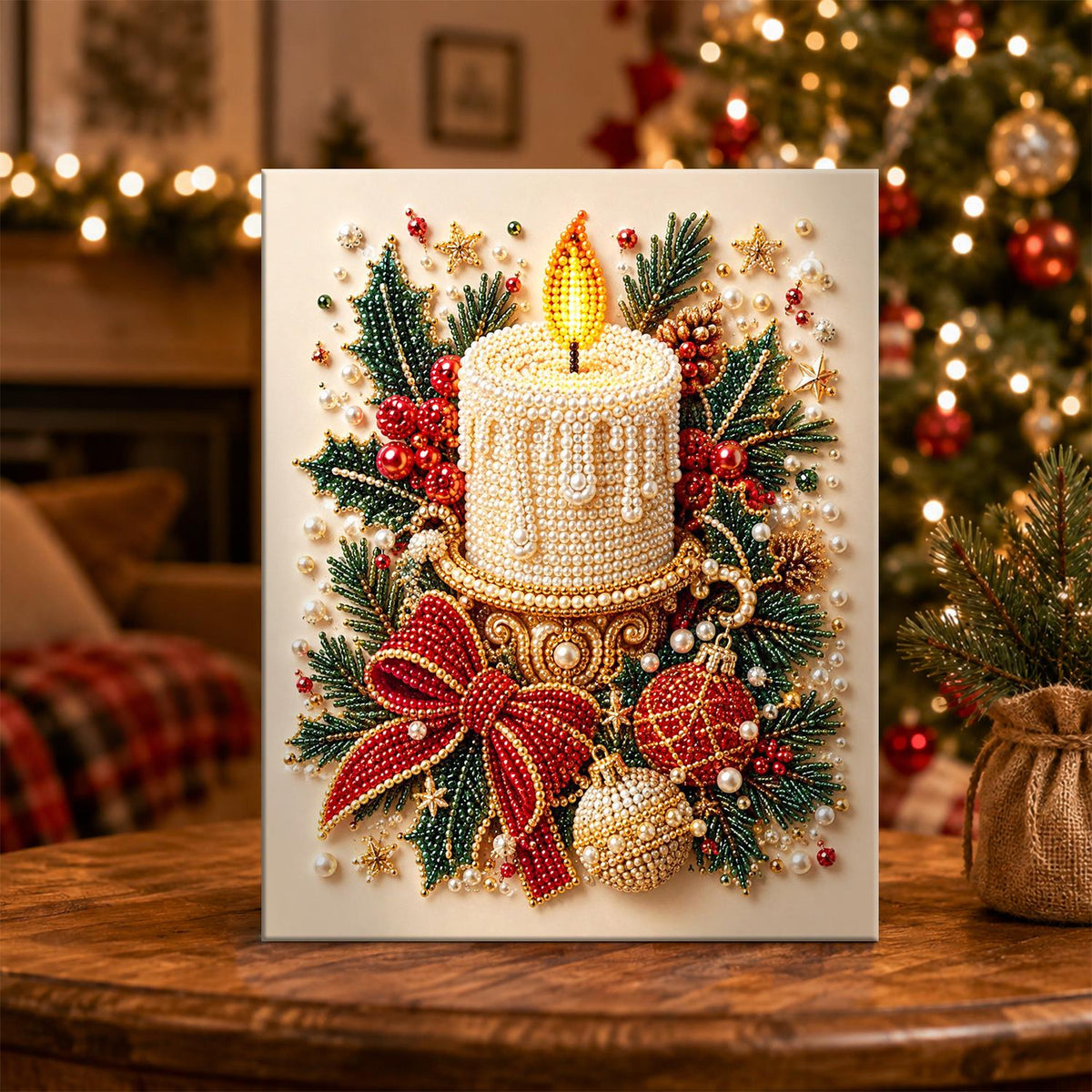 Lit Pillar Candle and Red Bow pearl painting – image 5