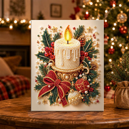 Lit Pillar Candle and Red Bow pearl painting – image 5