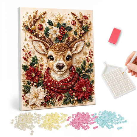 Reindeer in Poinsettias and Gold pearl painting – Reindeer in a red scarf with holly in its antlers framed by poinsettias and gold accents on cream