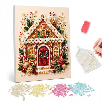 Gingerbread House with Red Door pearl painting – Iced gingerbread house with a wreathed red door, candy canes and baubles on a cream background