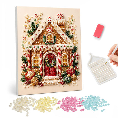 Gingerbread House with Red Door pearl painting – Iced gingerbread house with a wreathed red door, candy canes and baubles on a cream background