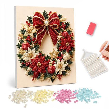 Poinsettia Wreath with Big Red Bow pearl painting – Evergreen wreath with red and white poinsettias, a gold star and a large red bow on cream