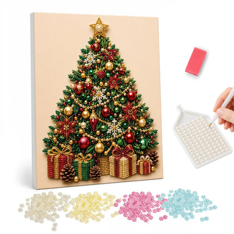 Classic Evergreen with Gold Star pearl painting – Decorated Christmas tree with a gold star, red and gold baubles and presents beneath on cream