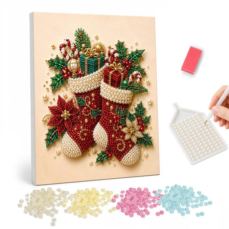 Twin Stockings with Poinsettias pearl painting – Two red patterned stockings filled with gifts and candy canes among poinsettias and holly