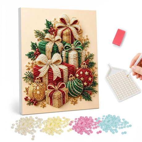Tower of Ribboned Presents pearl painting – Tree-shaped stack of red, green and gold wrapped gifts with bows and baubles on cream