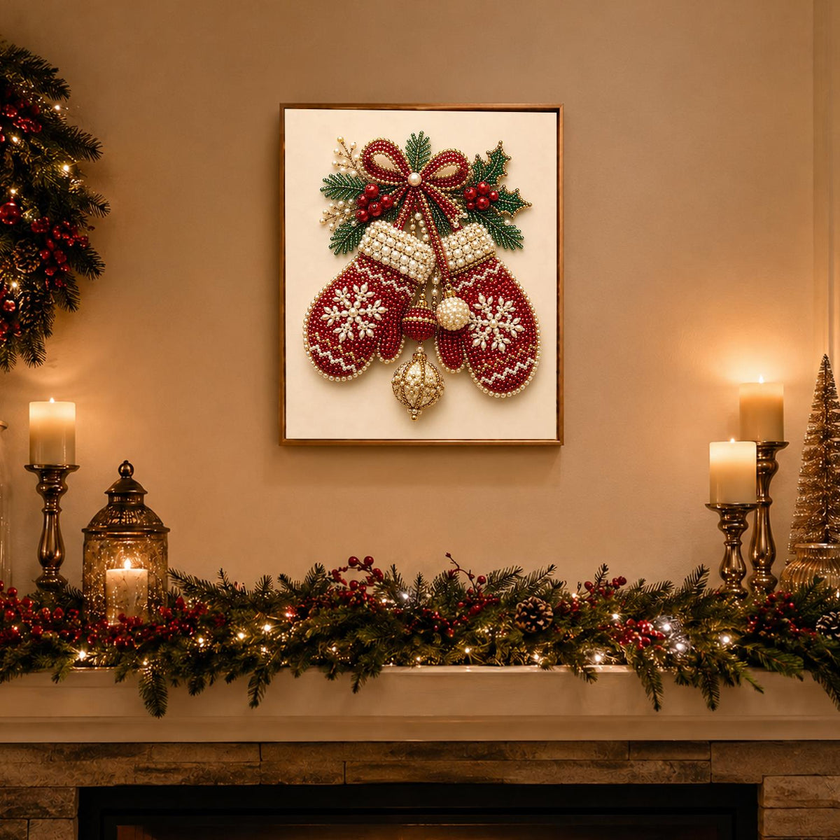 Snowflake Mittens on a Red Bow pearl painting – image 3
