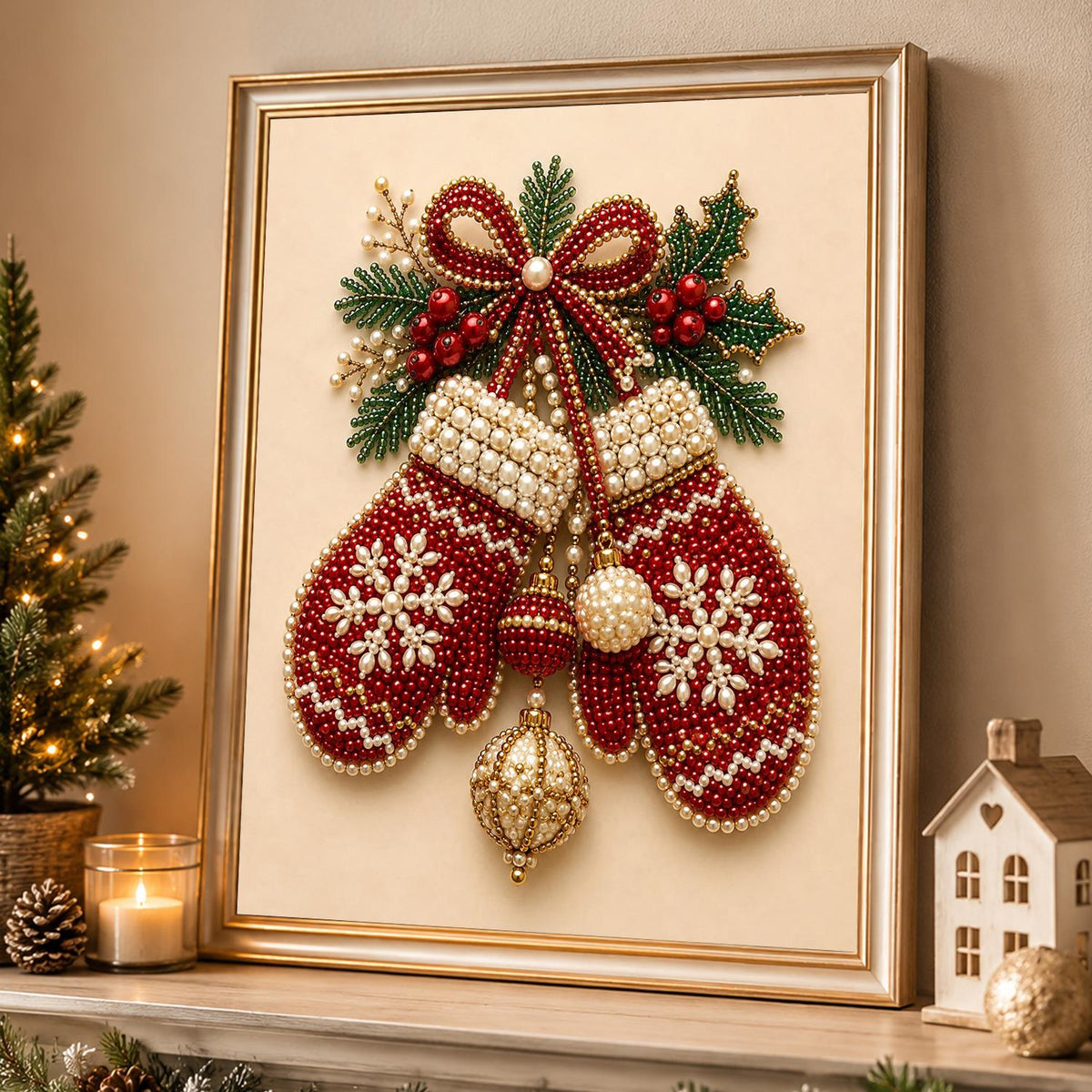 Snowflake Mittens on a Red Bow pearl painting – image 4