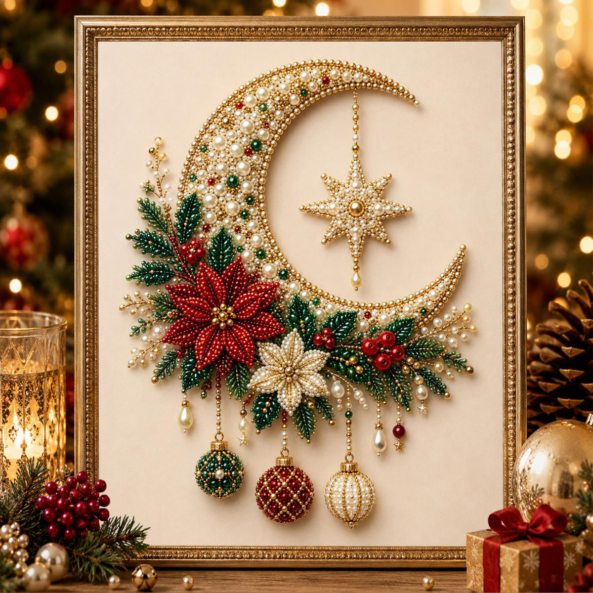 Gold Crescent with Hanging Star pearl painting – image 2