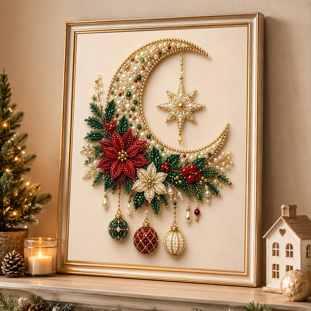 Gold Crescent with Hanging Star pearl painting – image 4