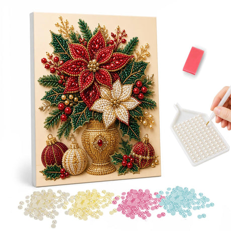Poinsettias in a Gold Vase pearl painting – Red and white poinsettias with evergreens in an ornate gold vase beside red and gold baubles